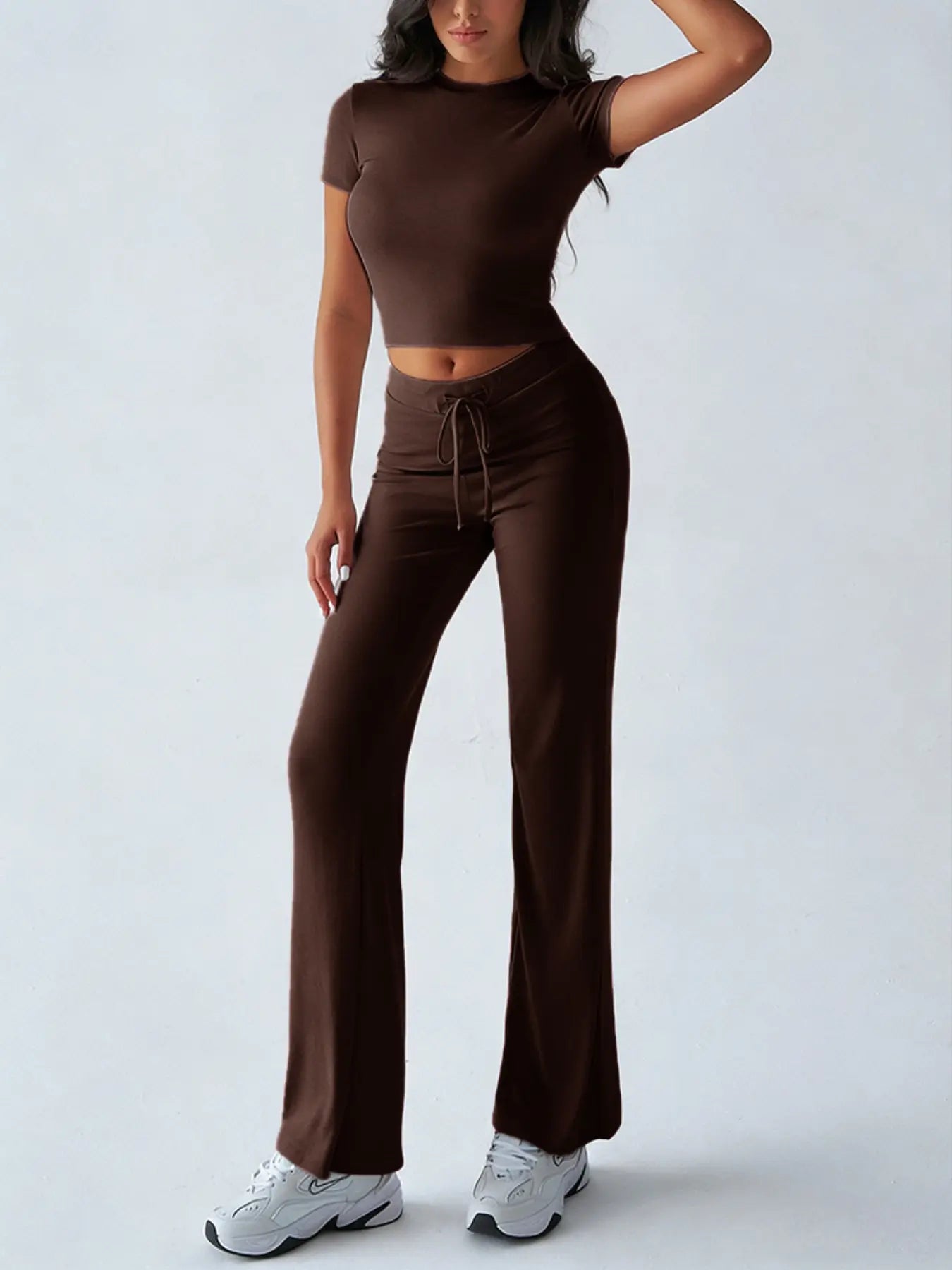 Women's Solid Basic Minimalist Short SleeveTwo-piece Clothing Set, Casual Round NeckCrop Tee & Drawstring High Waist Trousers forDaily Wear, Ladies Summer Clothes,Womenswear