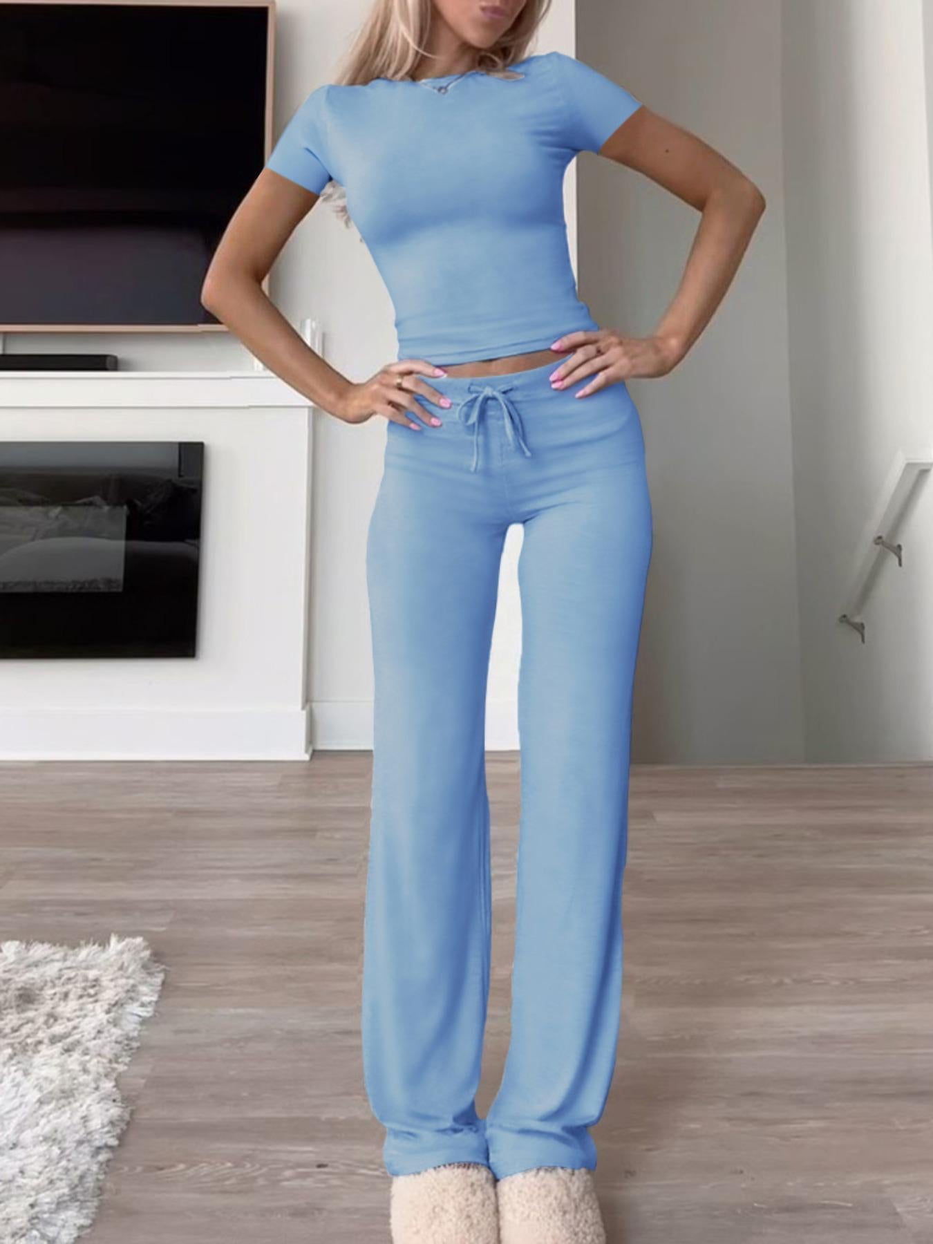 Women's Solid Basic Minimalist Short SleeveTwo-piece Clothing Set, Casual Round NeckCrop Tee & Drawstring High Waist Trousers forDaily Wear, Ladies Summer Clothes,Womenswear