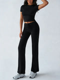 Women's Solid Basic Minimalist Short SleeveTwo-piece Clothing Set, Casual Round NeckCrop Tee & Drawstring High Waist Trousers forDaily Wear, Ladies Summer Clothes,Womenswear