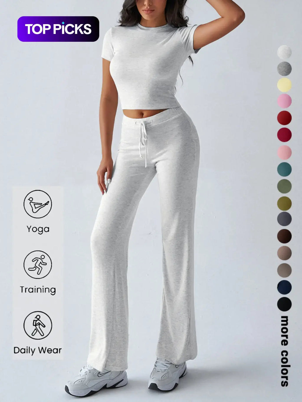 Women's Solid Basic Minimalist Short SleeveTwo-piece Clothing Set, Casual Round NeckCrop Tee & Drawstring High Waist Trousers forDaily Wear, Ladies Summer Clothes,Womenswear