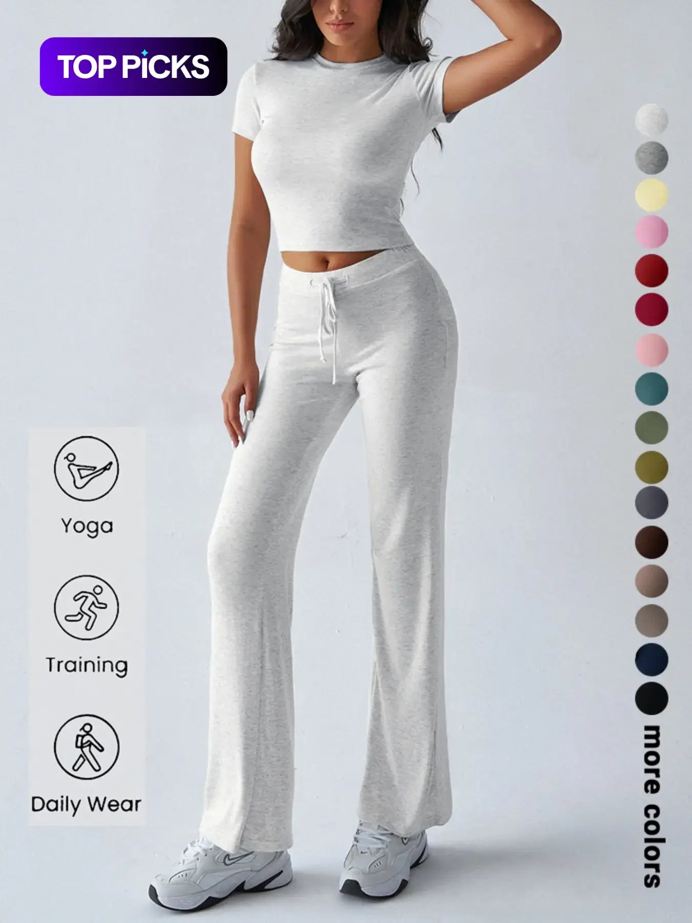 Women's Solid Basic Minimalist Short SleeveTwo-piece Clothing Set, Casual Round NeckCrop Tee & Drawstring High Waist Trousers forDaily Wear, Ladies Summer Clothes,Womenswear