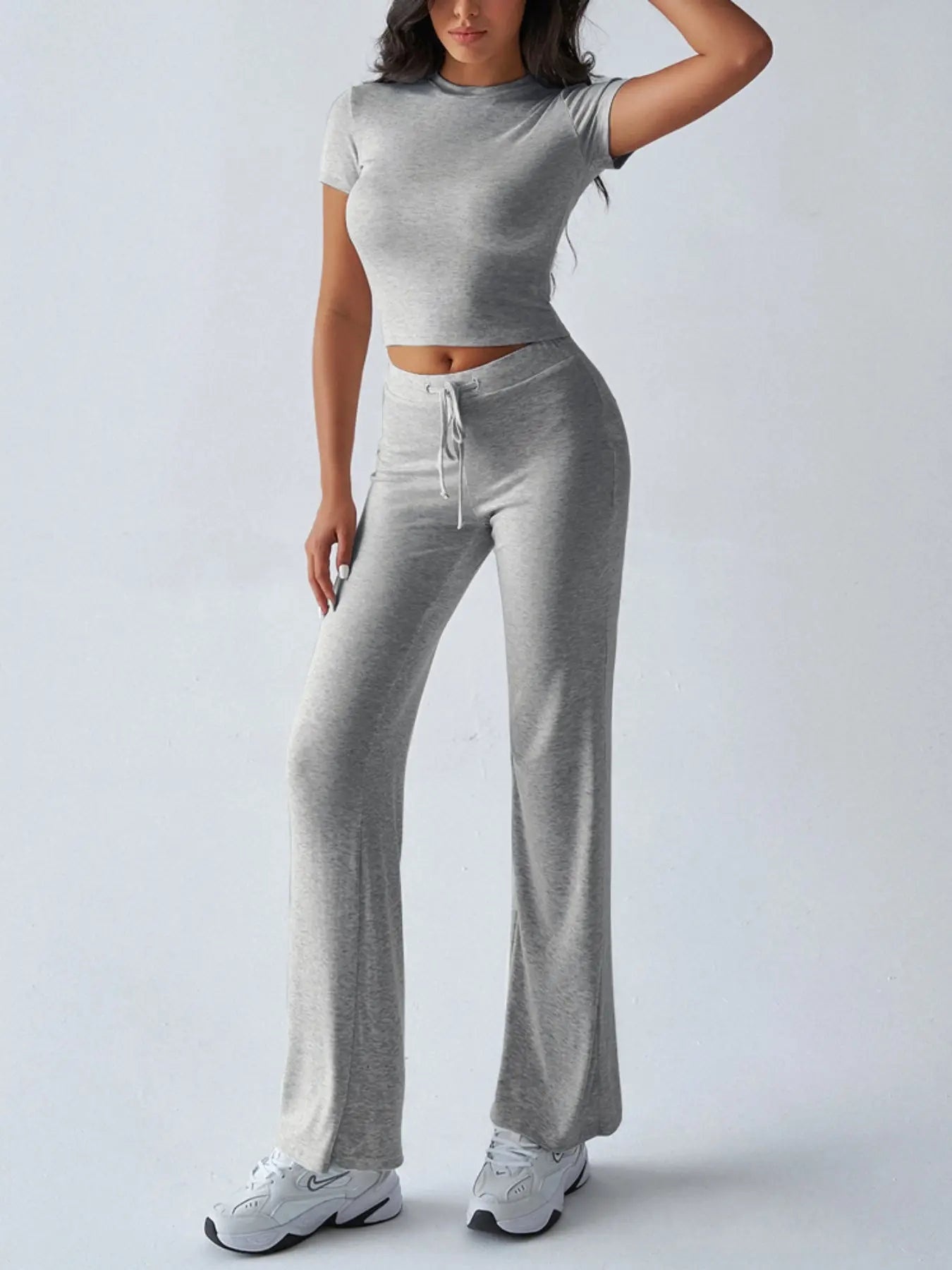 Women's Solid Basic Minimalist Short SleeveTwo-piece Clothing Set, Casual Round NeckCrop Tee & Drawstring High Waist Trousers forDaily Wear, Ladies Summer Clothes,Womenswear