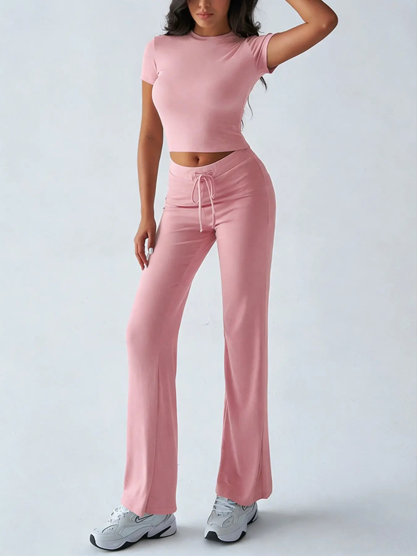 Women's Solid Basic Minimalist Short SleeveTwo-piece Clothing Set, Casual Round NeckCrop Tee & Drawstring High Waist Trousers forDaily Wear, Ladies Summer Clothes,Womenswear