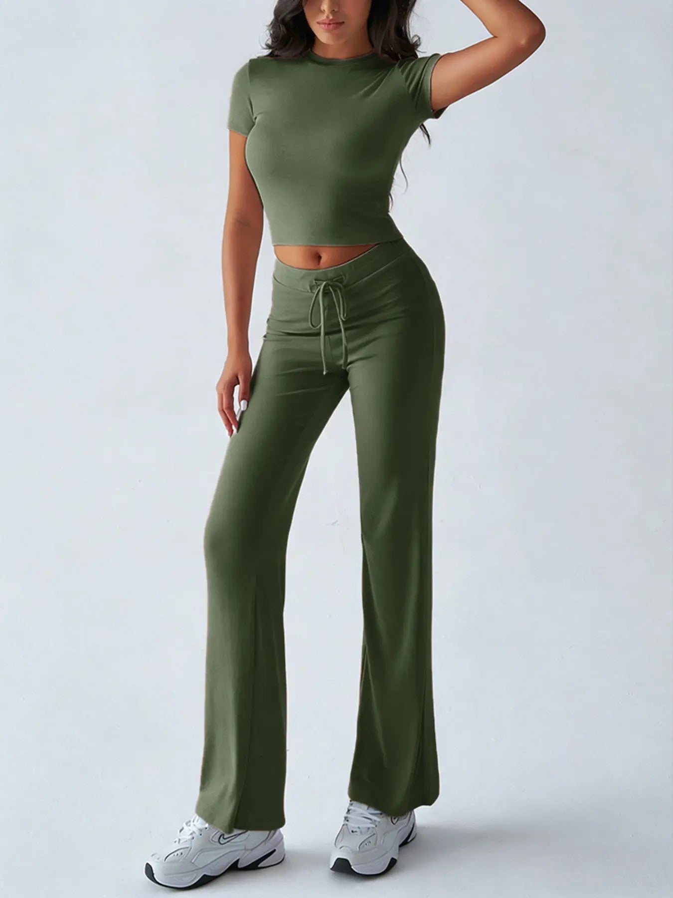Women's Solid Basic Minimalist Short SleeveTwo-piece Clothing Set, Casual Round NeckCrop Tee & Drawstring High Waist Trousers forDaily Wear, Ladies Summer Clothes,Womenswear