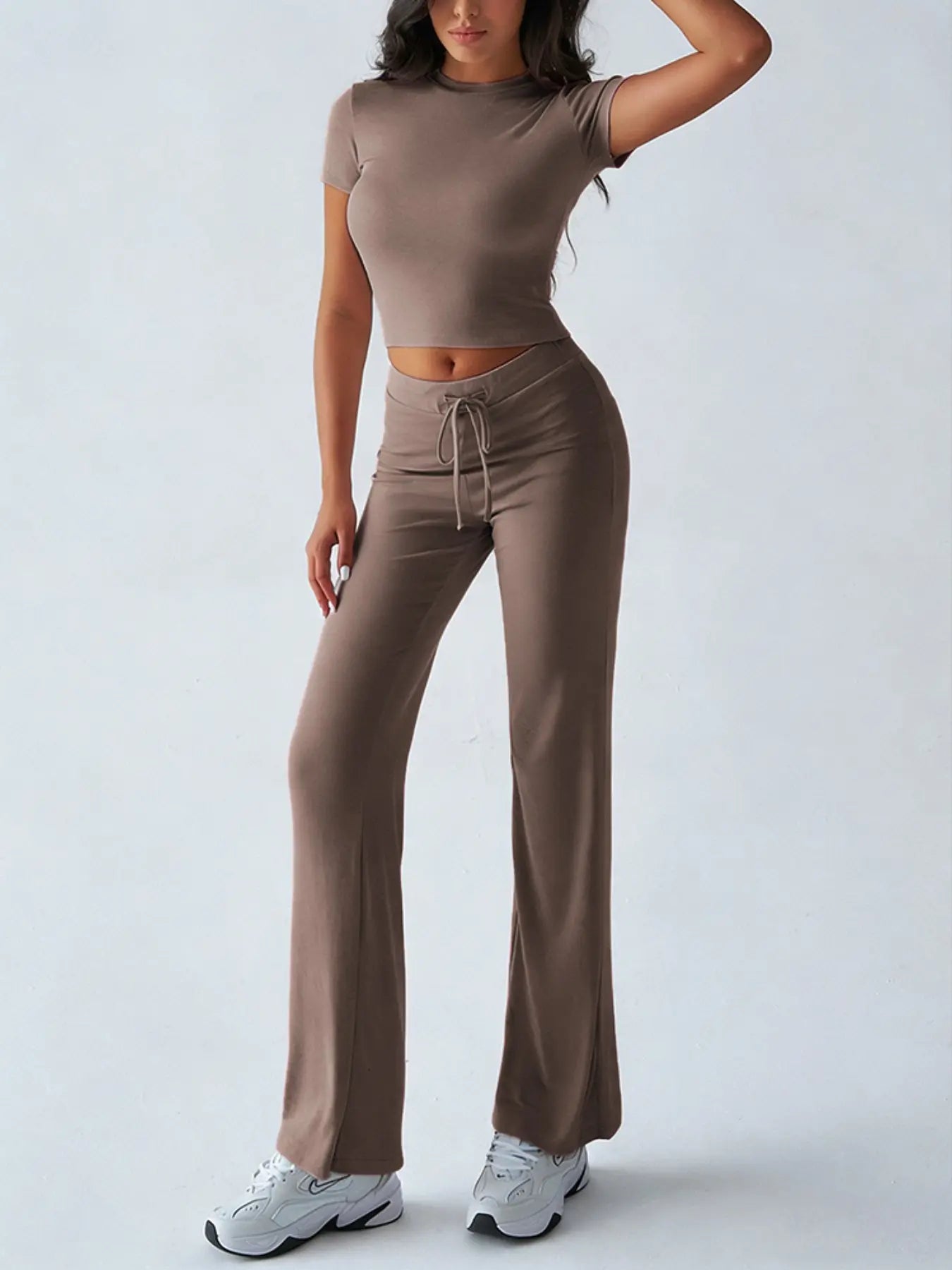 Women's Solid Basic Minimalist Short SleeveTwo-piece Clothing Set, Casual Round NeckCrop Tee & Drawstring High Waist Trousers forDaily Wear, Ladies Summer Clothes,Womenswear