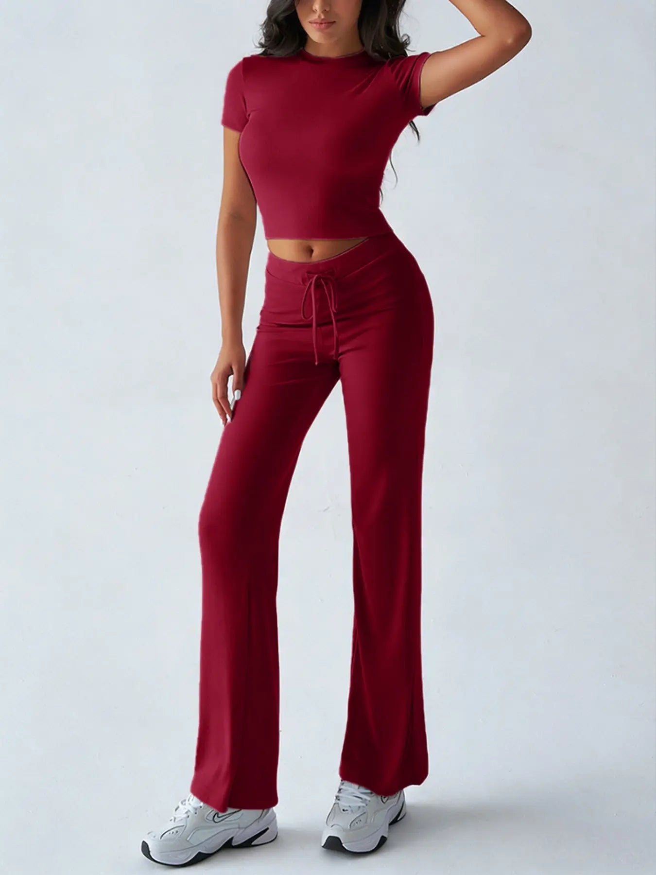 Women's Solid Basic Minimalist Short SleeveTwo-piece Clothing Set, Casual Round NeckCrop Tee & Drawstring High Waist Trousers forDaily Wear, Ladies Summer Clothes,Womenswear