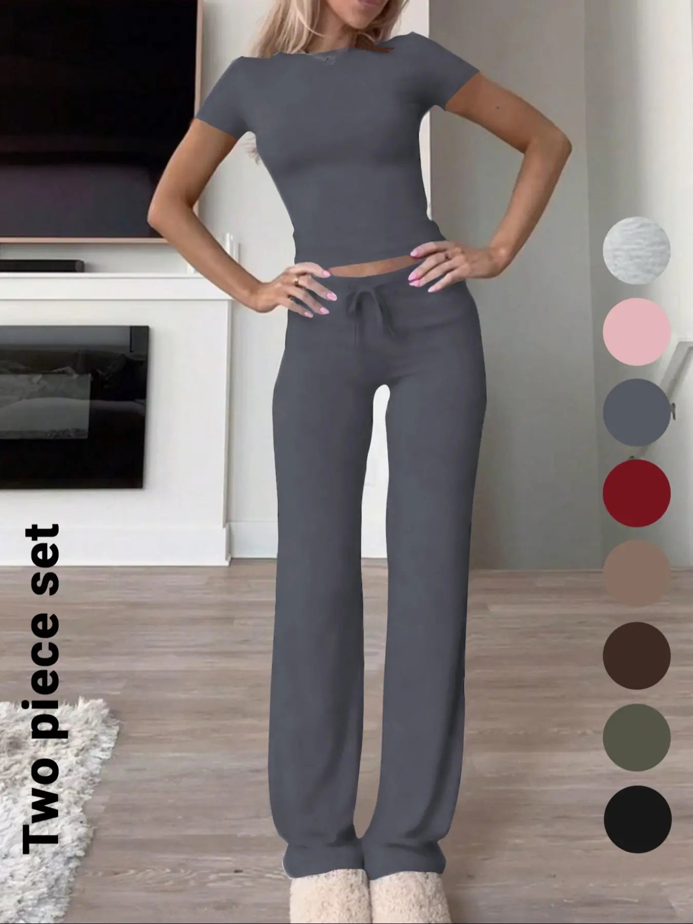 Women's Solid Basic Minimalist Short SleeveTwo-piece Clothing Set, Casual Round NeckCrop Tee & Drawstring High Waist Trousers forDaily Wear, Ladies Summer Clothes,Womenswear